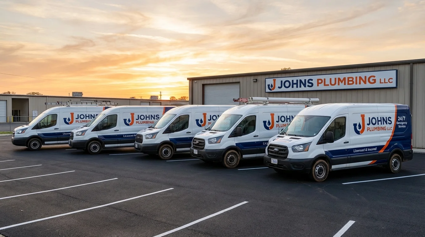 Johns Plumbing LLC fleet of service vans ready for dispatch across South Dakota